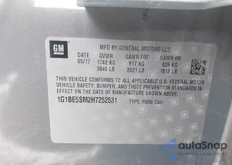 2017 Chevrolet Cruze Lt Auto from USA, damaged, VIN 1G1BE5SM2H7252531